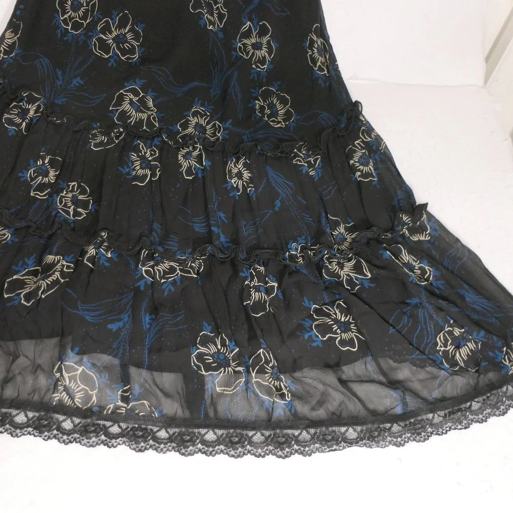 INC Women Silk Skirt 8 Black Midi Floral Tiered Lace Trim Romantic Feminine Goth